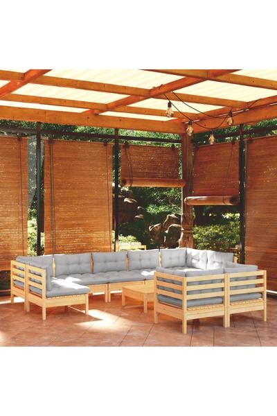 vidaxl Set mobilier gradina cu perne, 10 piese, gri, lemn masiv pin