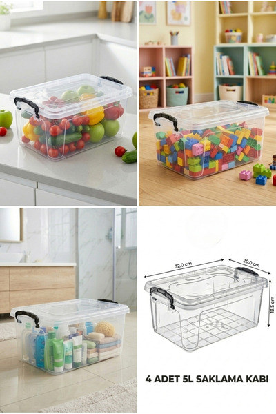 Strong Life 5 Lt Şeffaf Saklama Kabı 4'lü Set — Kilitli Kapaklı, Istiflenebil...