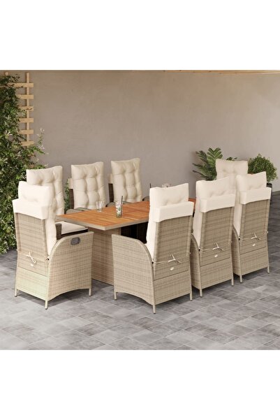 vidaxl 9-piece garden table set with cushions, beige, polyrattan