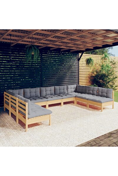 vidaxl Set mobilier de gradina cu perne gri, 9 piese, lemn masiv pin