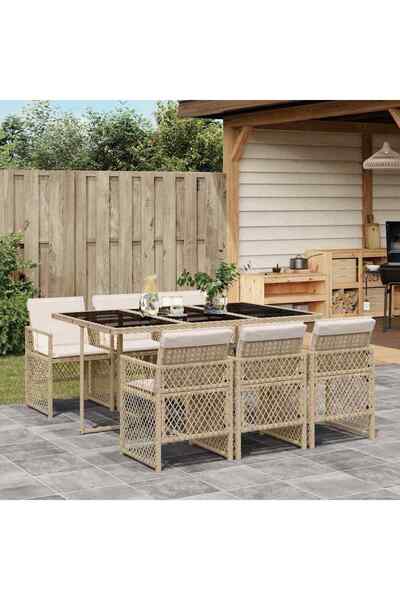 vidaxl 7-piece garden table set with cushions, beige, polyrattan