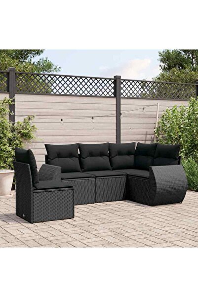 vidaxl Garden furniture set with cushions, 5 pieces, black, polyrattan