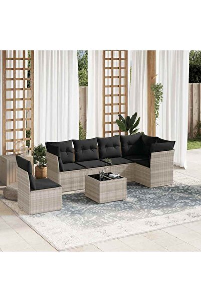 vidaxl Garden sofa set with cushions, 7 pieces, light grey polyrattan