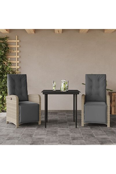 vidaxl Set bistro cu perne, 3 piese, gri deschis, poliratan