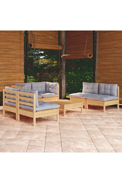 vidaxl Set mobilier gradina cu perne gri, 7 piese, lemn masiv de pin