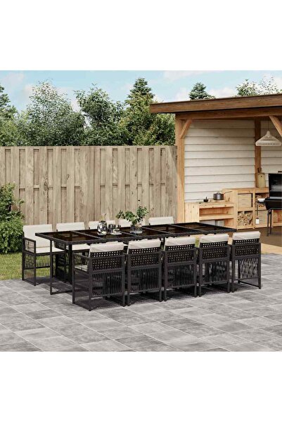 vidaxl Outdoor furniture set with cushions, 11 pieces, black, polyrattan