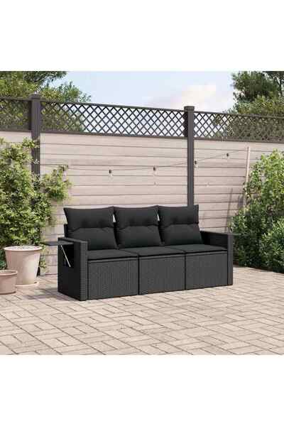 vidaxl Set mobilier de gradina cu perne, 3 piese, negru, poliratan