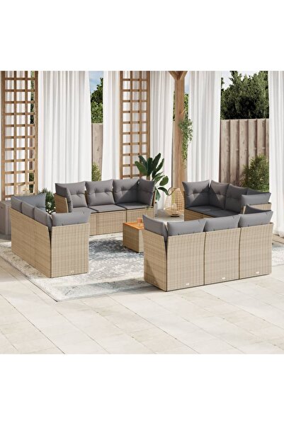 vidaxl Set canapele de gradina, 13 piese, cu perne, bej, poliratan