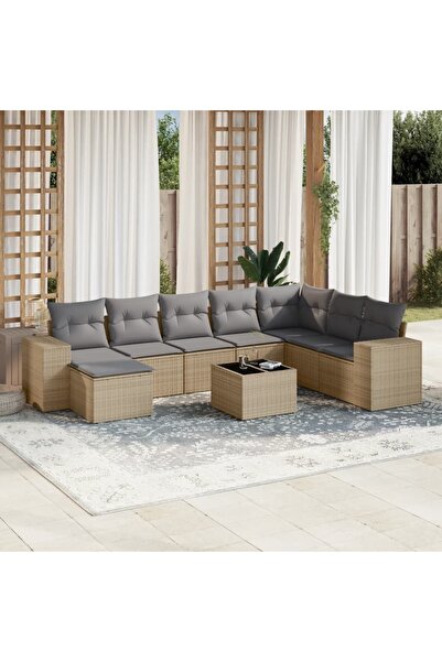 vidaxl Garden sofa set, 9 pieces, with cushions, beige, polyrattan