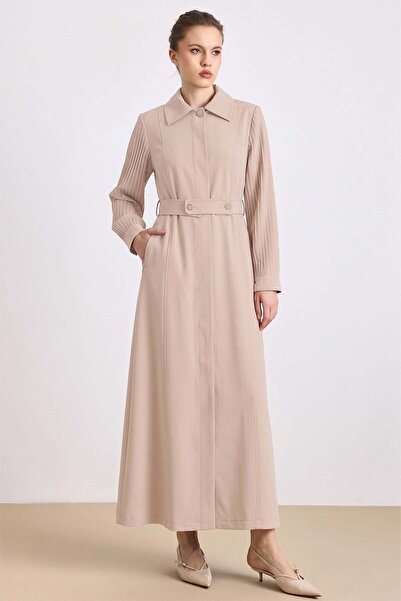 Olcay Shirt Collar Sleeves Pleated Detailed Lined Overcoat Beige 6864