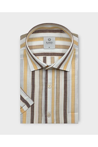 KAMER Men's Regular Fit Short Sleeve 100% Cotton Brit Collar Striped Multicol...