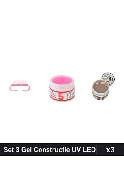 Makeup Set 3 Gel Constructie UV LED FSM 15g, Nuante 05 31, Perie Praf Roz, Ma...