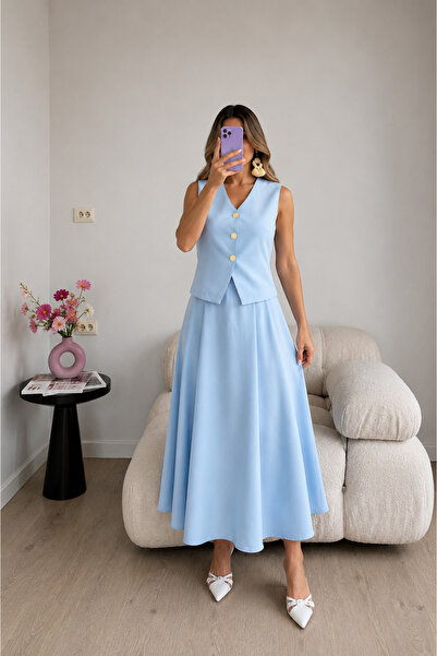 Ekim Store Gold Buttoned Vest Skirt Double Blazer Suit