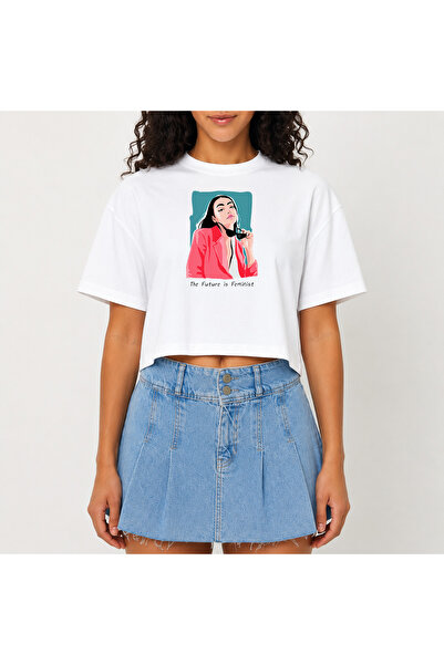 URBANTRENDSTORE Crop T-shirt με λευκό σχέδιο, άνετη εφαρμογή, ακατέργαστη κοπ...