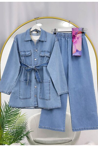 MODA VEDAT Women's Jeans Set with Bag Pockets and Waist Belt -0800 (Light Blue)