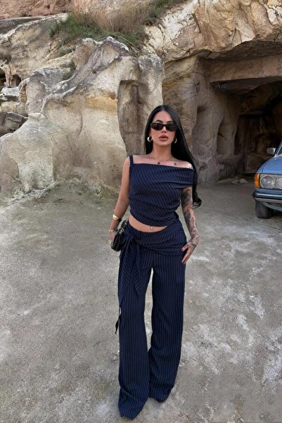 PEMAA Striped Off-Shoulder Blouse and Wide-Leg Pants with Tie-Waist Scarf Det...
