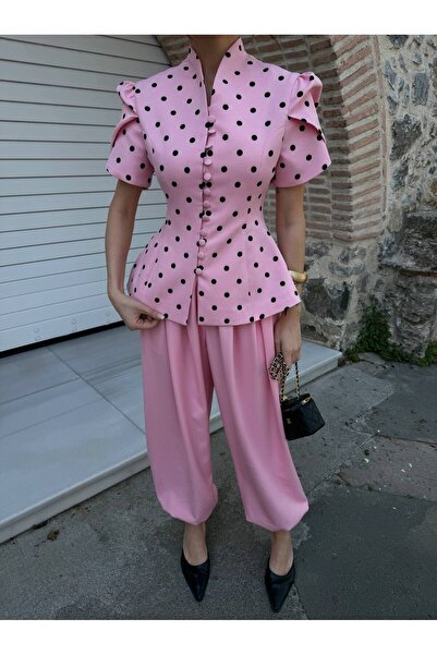 Julidress Premium Suit with High Collar Button Detail, Polka Dot Jacket and L...