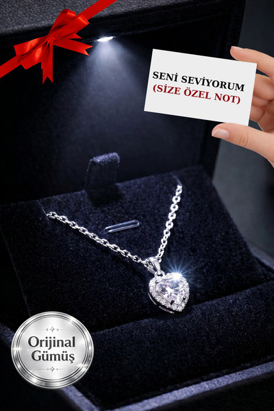 CARAT STONE 925 AYAR GERÇEK GÜMÜŞ KALP KADIN KOLYE , IŞIKLI KUTUDA