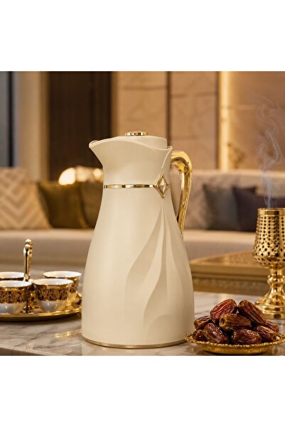 Generic Cream-Colored Thermos with Golden Wavy Patterns, a Symbol of Royal El...