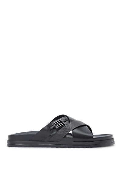 Tommy Hilfiger Siyah Erkek Deri Terlik FLAG HARDWARE LTH SANDAL
