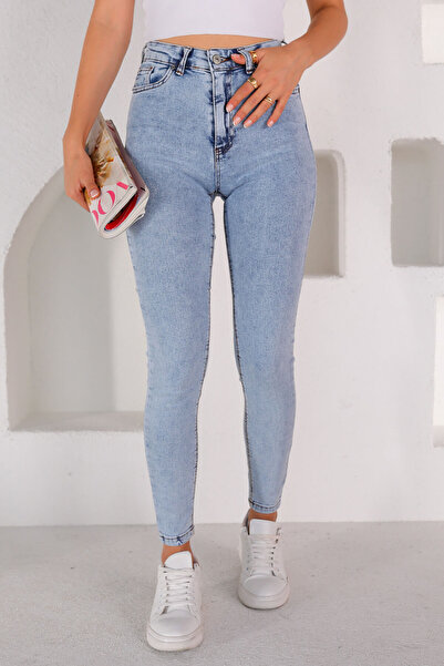 TugsatTasarTekstil Blue Snow Narrow Leg Super Skinny High Waist Elasticity an...