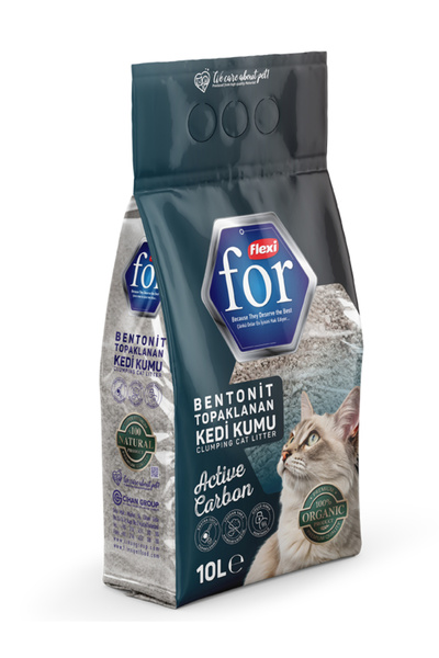 FlexiFor Aktif Karbonlu Bentonit Topaklanan Premium Kedi Kumu 10 L - Tozsuz - Ultra Koku Emici
