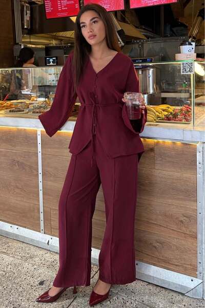 Madmext Burgundy V-Neck Buttoned Belted Double Modal Women's Suit Mg2619