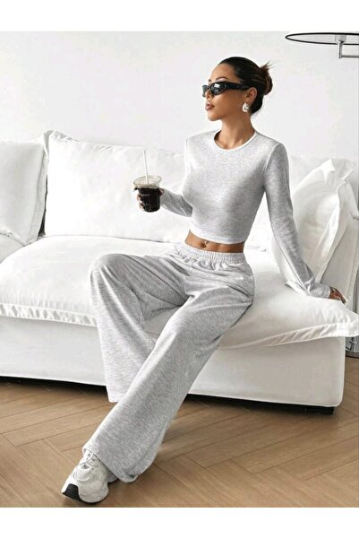 KİM Kİ O Women's Gray Comfortable Fit Casual Sports Wide Leg Sweatpants