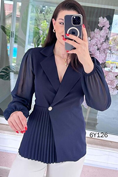 İnce Topuk Pleated Chiffon Sleeve Double Jacket 6Y126