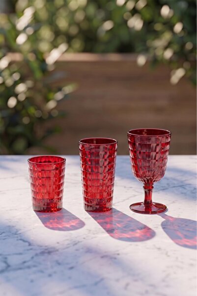 EWs Acrylic Allegra Red 18 Pieces Water Soft Drink Coffee Side Glass 400 Ml- ...