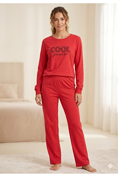 Serena Pijama dama-maneca lunga si pantalon lung- culoare rosu cu imprimeu " ...