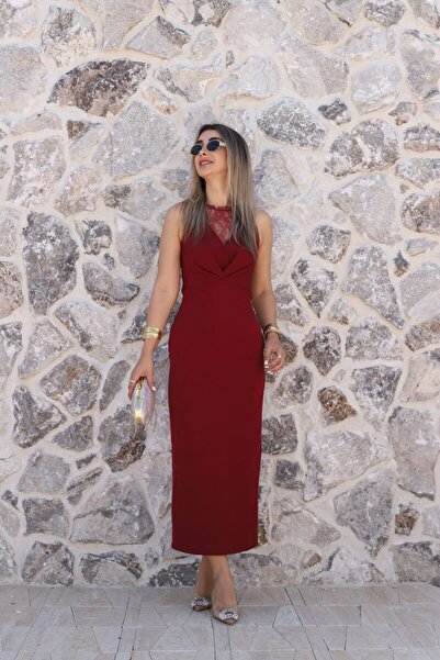bytugcekaya Rochie cu guler din dantelă, culoare burgundy