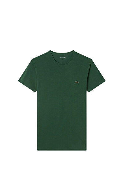 Lacoste تي شيرت رجالي ذو قصة ضيقة وياقة دائرية باللون الأخضر الداكن TH0998.132