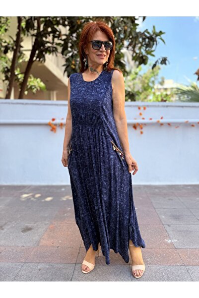 DenizEge Authentic Long Viscose Dress Navy Blue