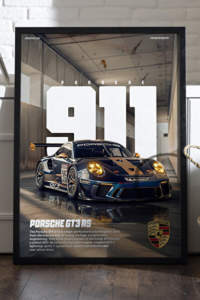 Duvarda Porsche 911 Siyah Ahşap Çerçeveli Poster, Dekoratif Araba Duvar Tablosu