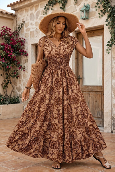 Kokosh moda Kadın Belde Lastik Detaylı Maxi Boy Desenli Yazlık Süprem Elbise