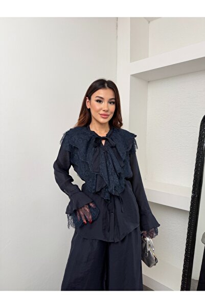 Hatun Atila Lace and Ruffle Detailed Tie-Neck Slim Modal Shirt and Wide-Leg Pants Set 5325