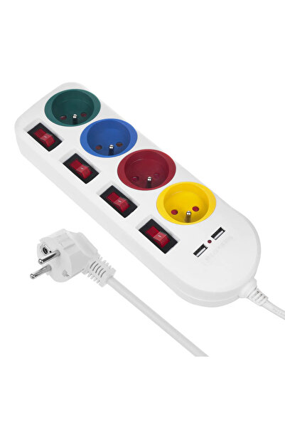 Maclean power strip, backloader 4 sockets + 2xUSB, with connectors, 250VAC/10...