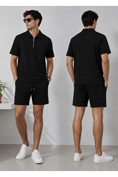 LU DUE Casual Stylish Summer Vortex Fabric Zippered Polo Collar T-Shirt and S...