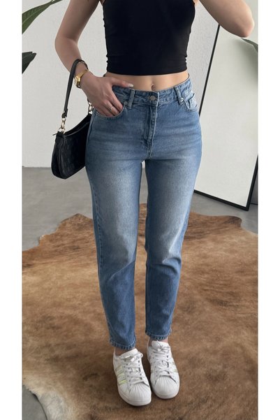 asfamoda Women's Light Blue High Waist Mom Jean Pants Comfortable Fit Casual Denim