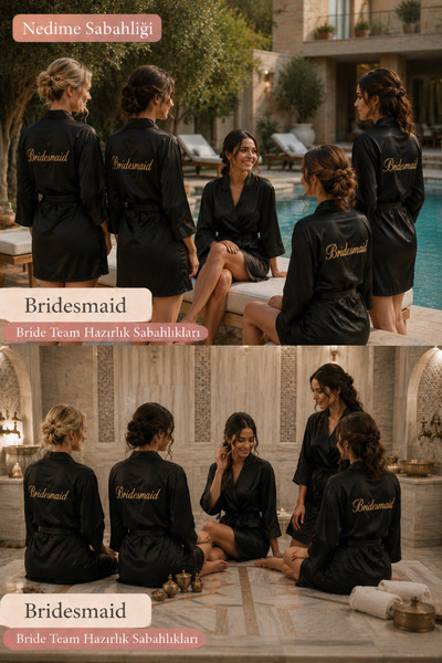 ALAZ TASARIM HOBİ Black Satin Bridesmaid Robe – Gold Embroidered Bridesmaid P...