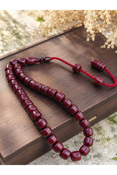 ASL Sıkma Kehribar Tesbih Sistem Takım Püskül 9x10 mm Bordo Renk Hediyelik Şı...