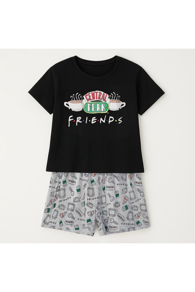 Friends Black Gray Cotton Pajama Set with 'FRIENDS' Design & Short Sleeves fo...