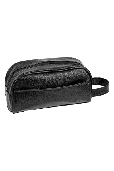 Zumzeria Black Leather Cosmetic Bag with Handle for Men 23.5x9x14cm