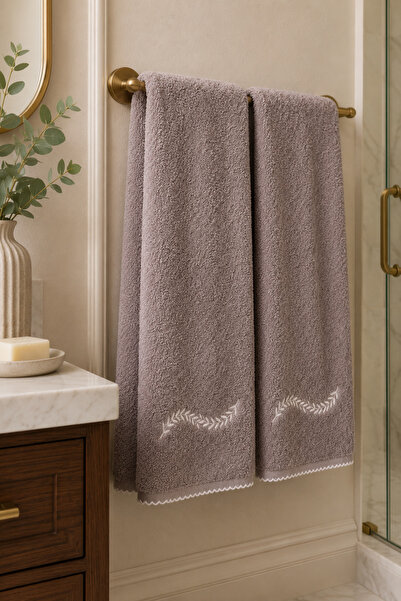 Motif Mağaza Sienna Leaf Embroidered 100% Cotton 2-Piece Towel Set - Dark Brown