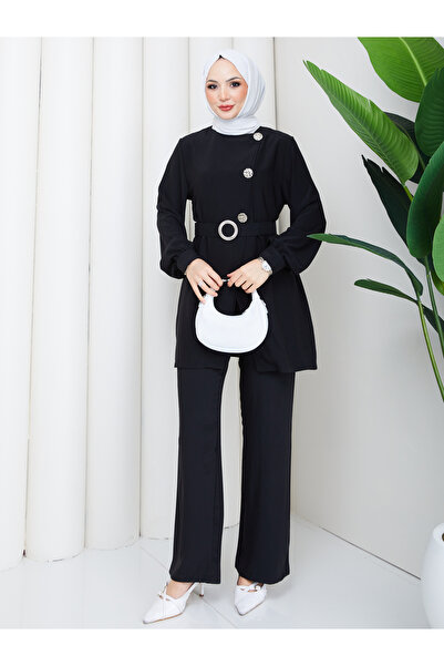 MY QILAM Women's Hijab Double Set with Belt, Silver Button Detail, Stylish Da...