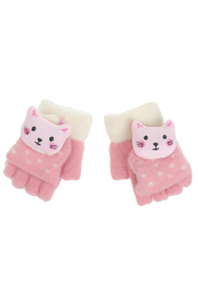 Zumzeria Light Pink Ecru Polka Dot Gloves with Cut Fingers & 3D Kitten Patter...