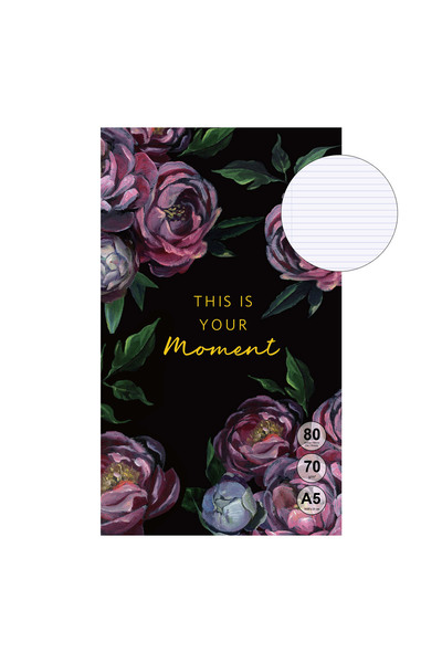 Zumzeria A5 Black Floral Notebook with the Message "This is Your Moment" - 80F