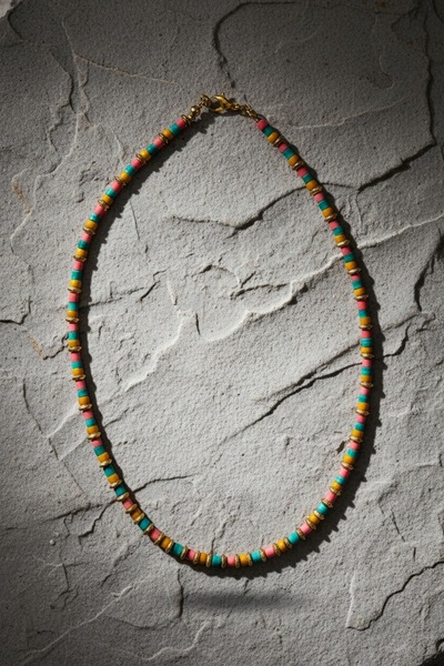 MODAYAŞAR Colorful Cylinder Beaded Necklace - Gold Color Detailed