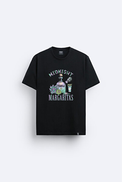 AYDESİGN Tricou negru cu imprimeu Margarita, cu guler tip bicicletă